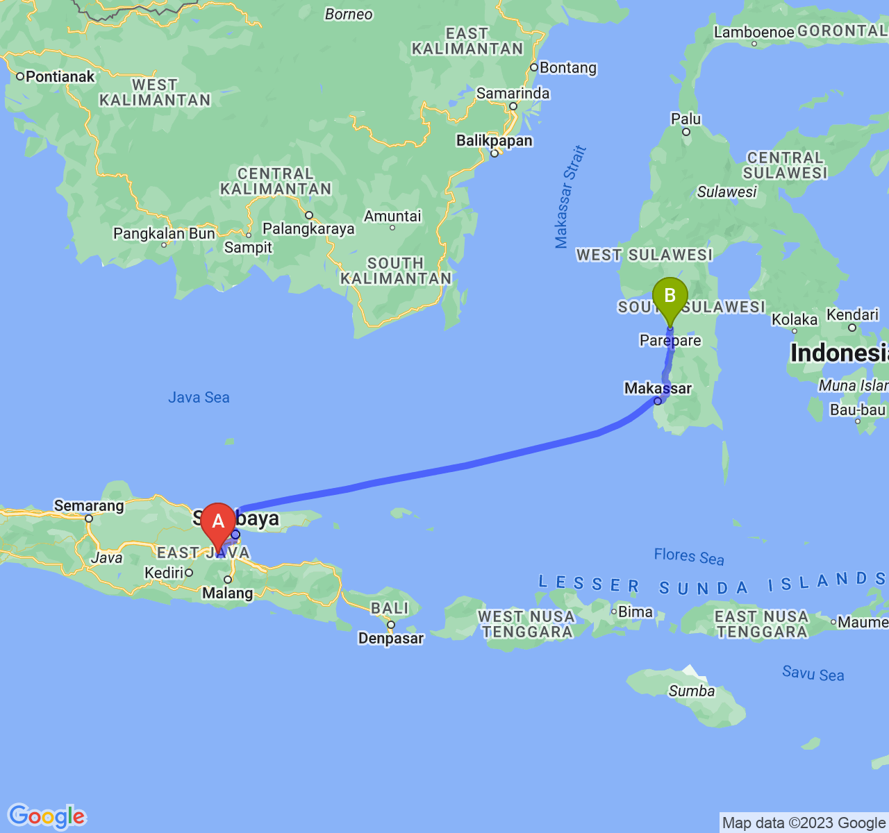 rute perjalanan Kab. Mojokerto-Kota Parepare