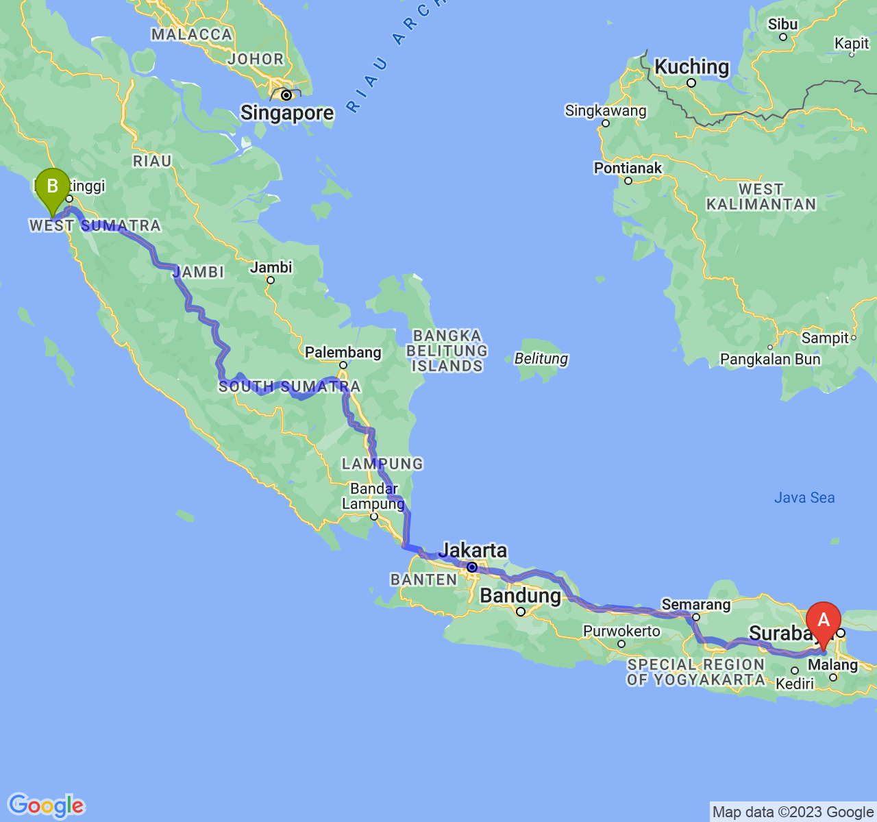 rute perjalanan Kab. Mojokerto-Kota Pariaman