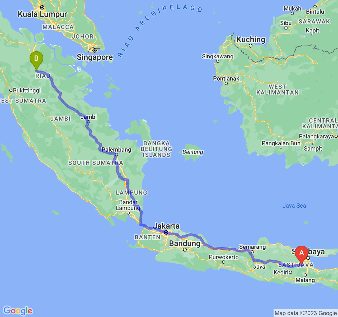 rute perjalanan Kab. Mojokerto-Kota Pekanbaru