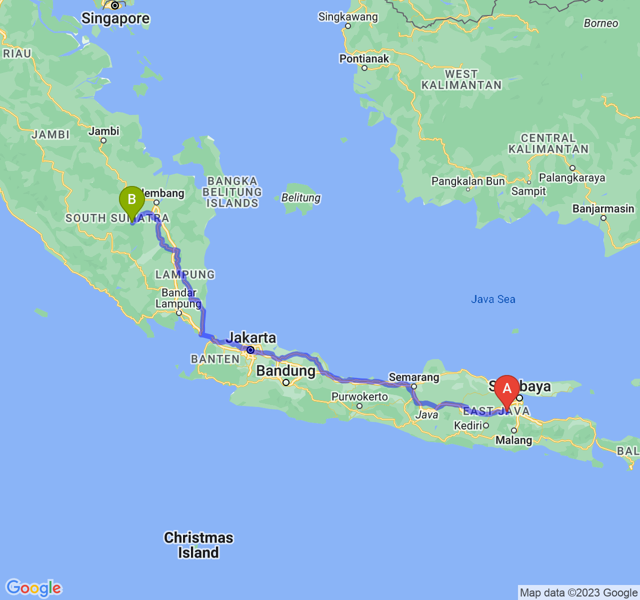 rute perjalanan Kab. Mojokerto-Kota Prabumulih