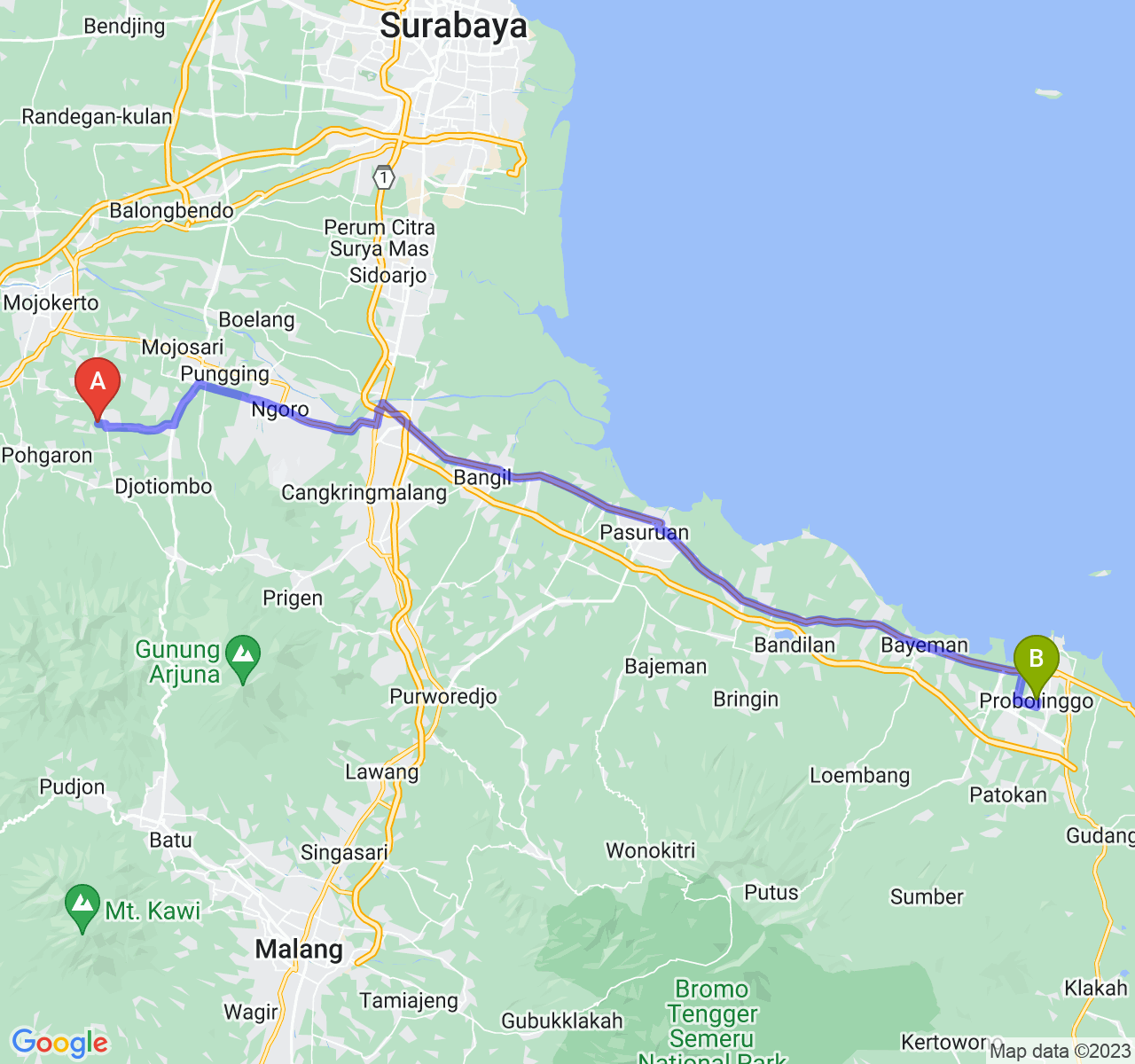 rute perjalanan Kab. Mojokerto-Kota Probolinggo