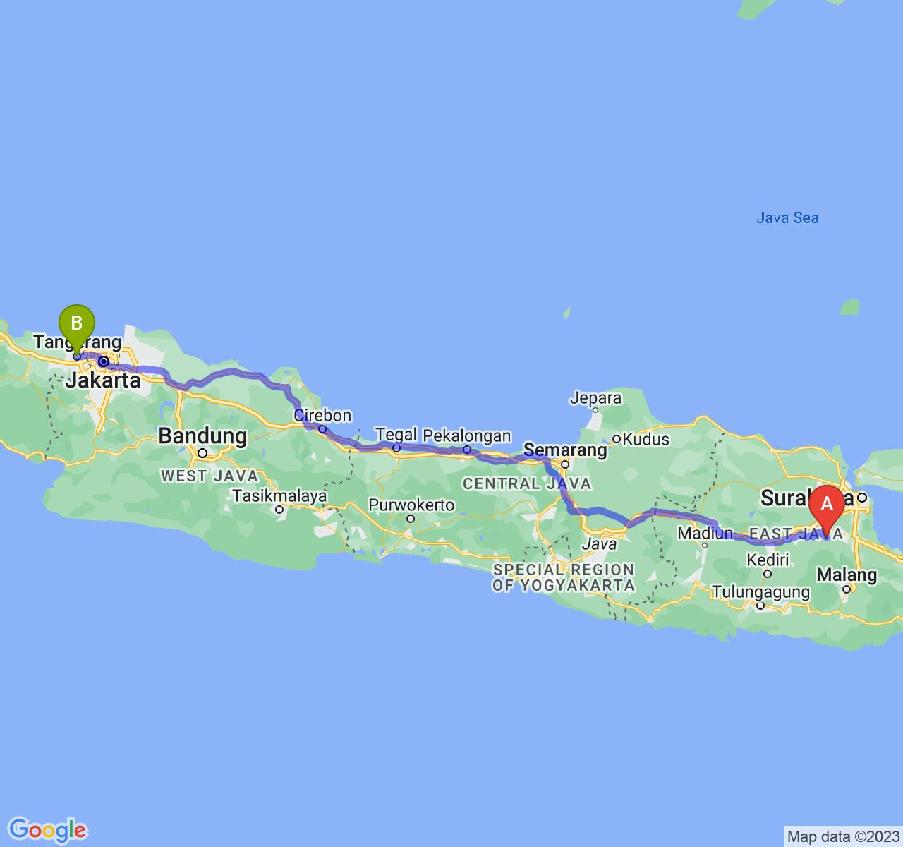 rute perjalanan Kab. Mojokerto-Kota Tangerang