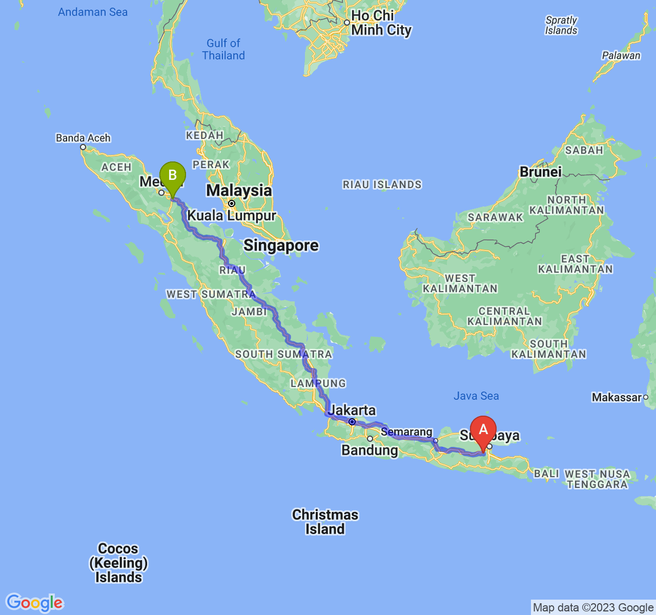 rute perjalanan Kab. Mojokerto-Kota Tebing Tinggi