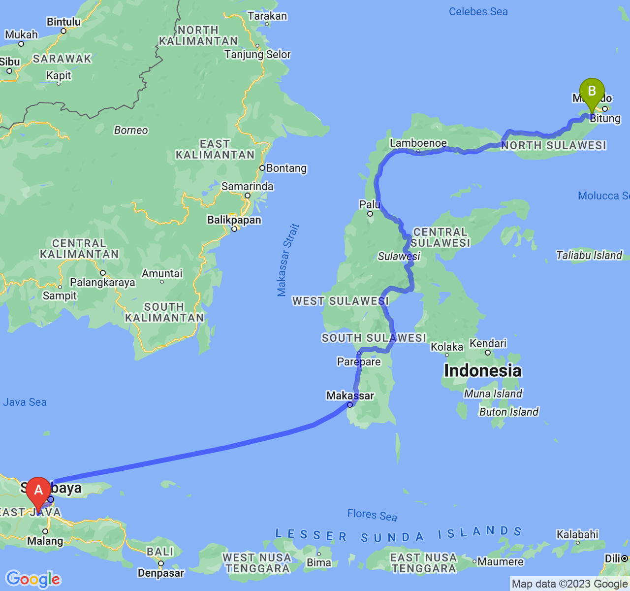 rute perjalanan Kab. Mojokerto-Kota Tomohon