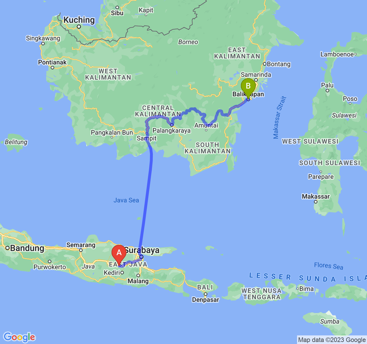 rute perjalanan Kab. Nganjuk-Kota Balikpapan