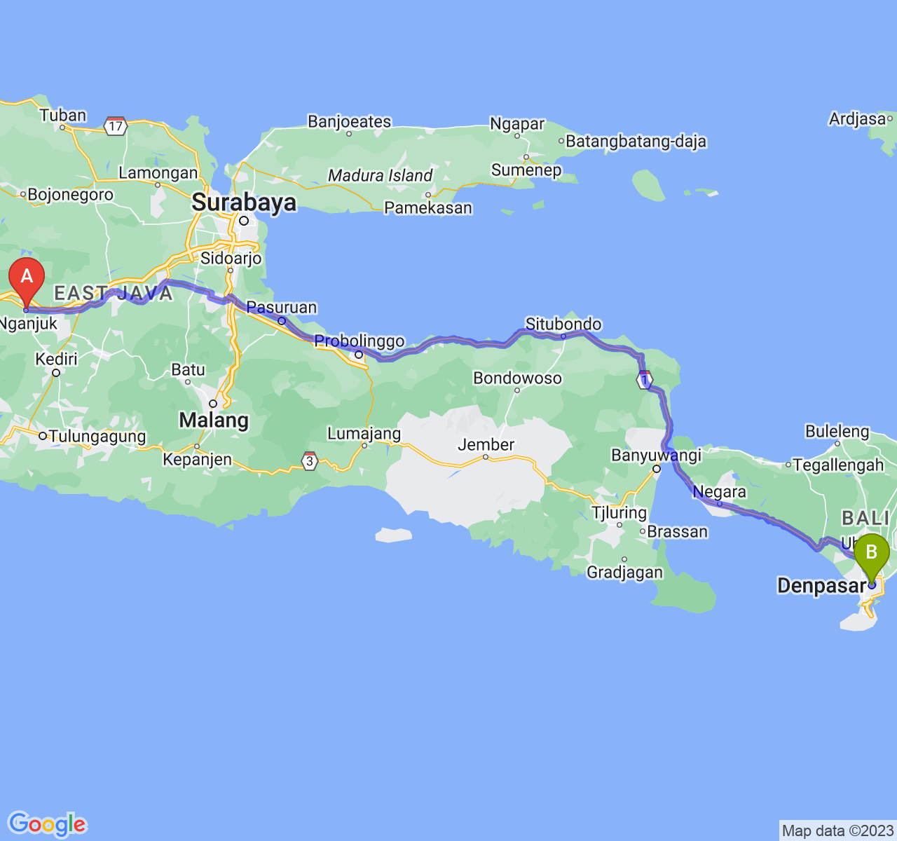 rute perjalanan Kab. Nganjuk-Kota Denpasar