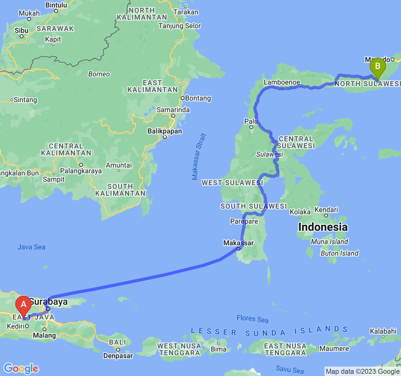 rute perjalanan Kab. Nganjuk-Kota Kotamobagu