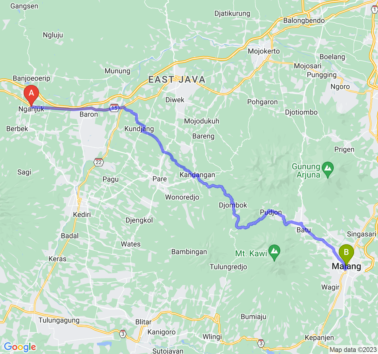 rute perjalanan Kab. Nganjuk-Kota Malang