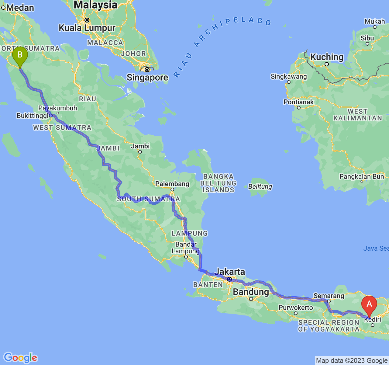 rute perjalanan Kab. Nganjuk-Kota Padang Sidimpuan