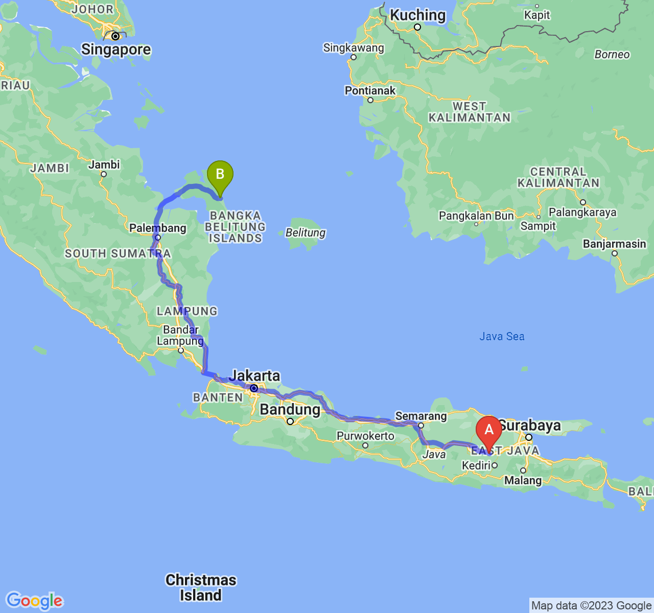 rute perjalanan Kab. Nganjuk-Kota Pangkalpinang