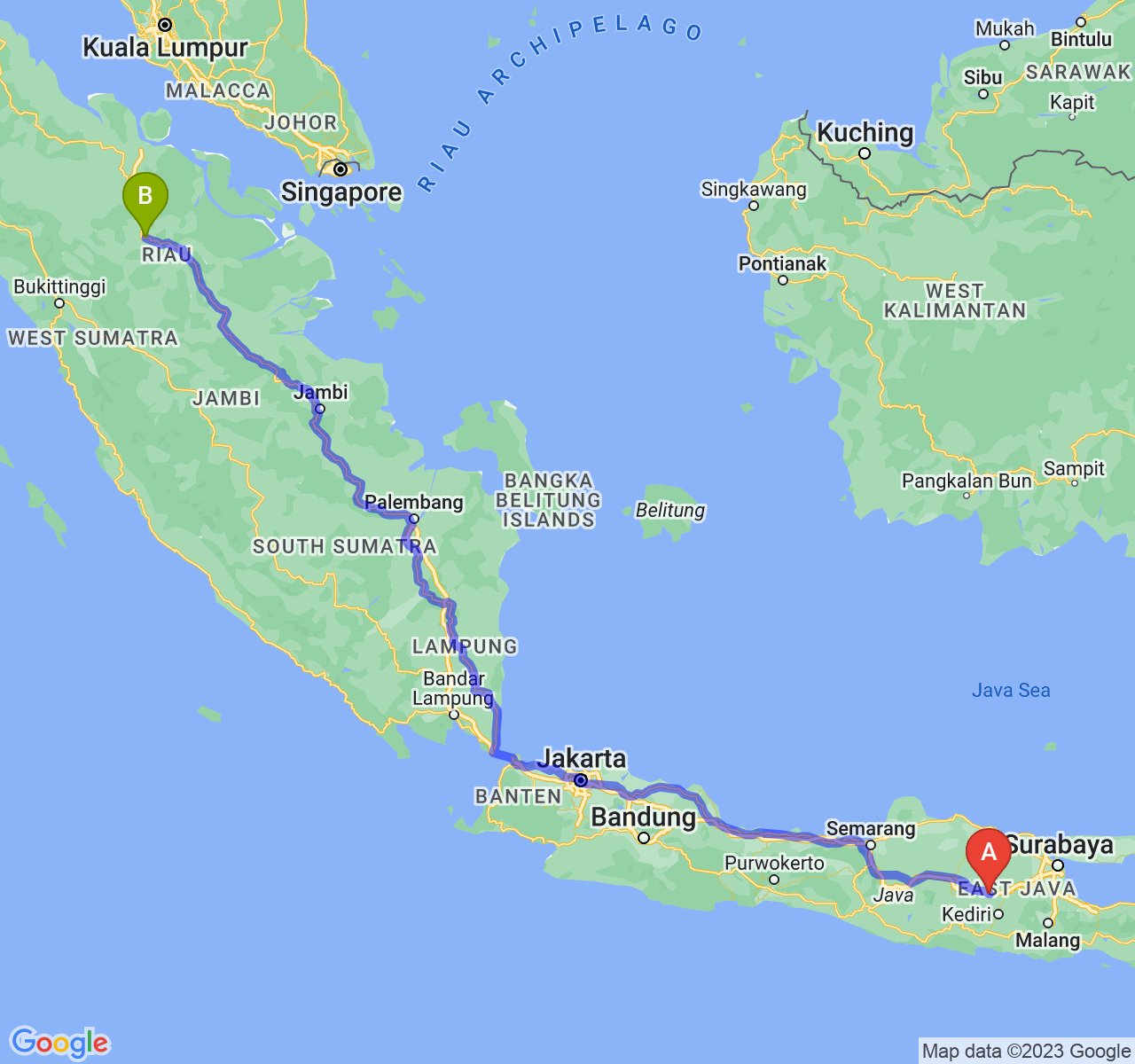 rute perjalanan Kab. Nganjuk-Kota Pekanbaru