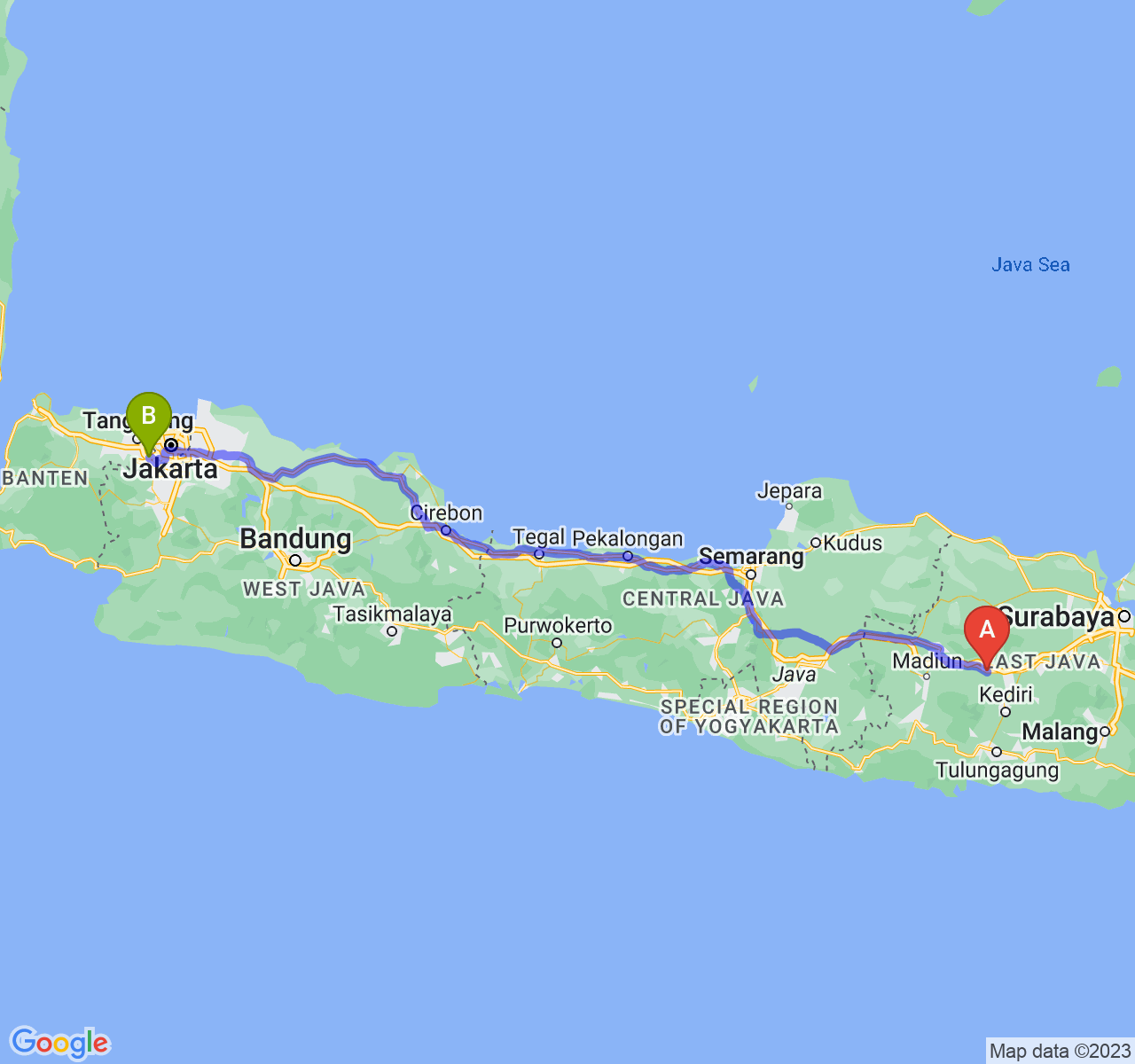 rute perjalanan Kab. Nganjuk-Kota Tangerang Selatan