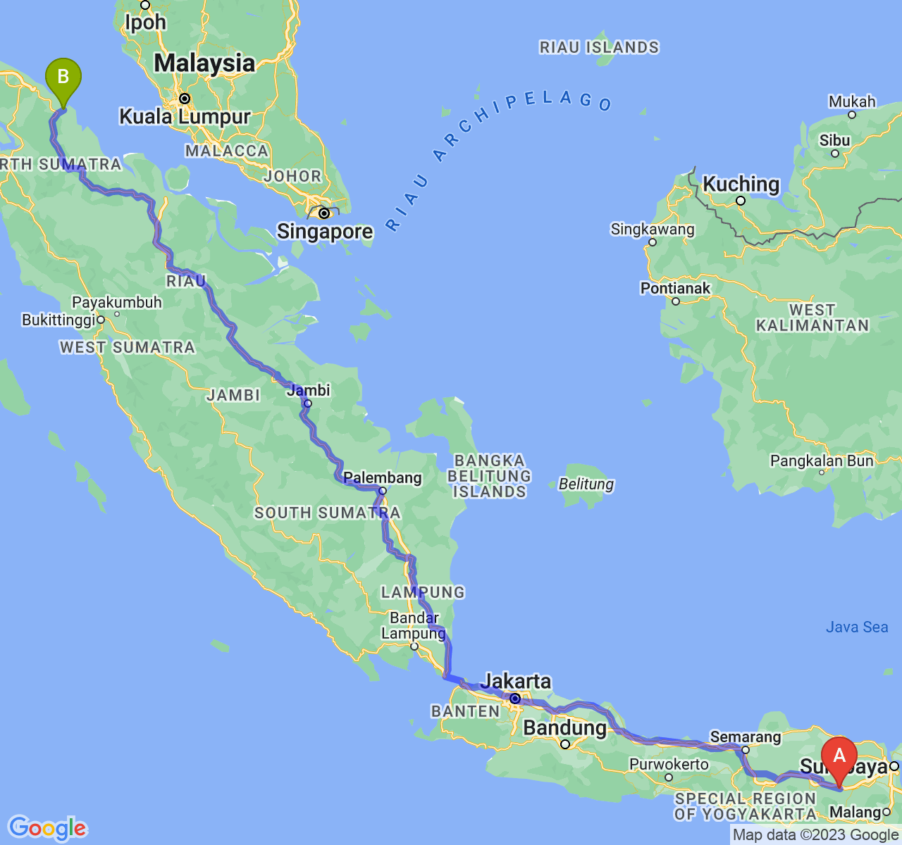 rute perjalanan Kab. Nganjuk-Kota Tanjung Balai