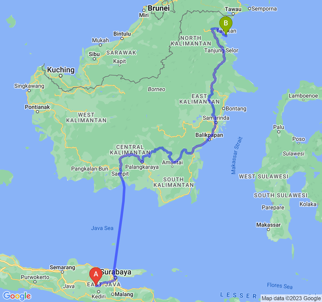 rute perjalanan Kab. Nganjuk-Kota Tarakan