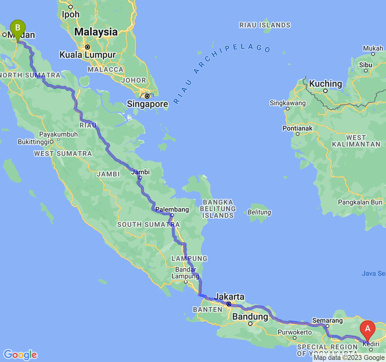 rute perjalanan Kab. Nganjuk-Kota Tebing Tinggi