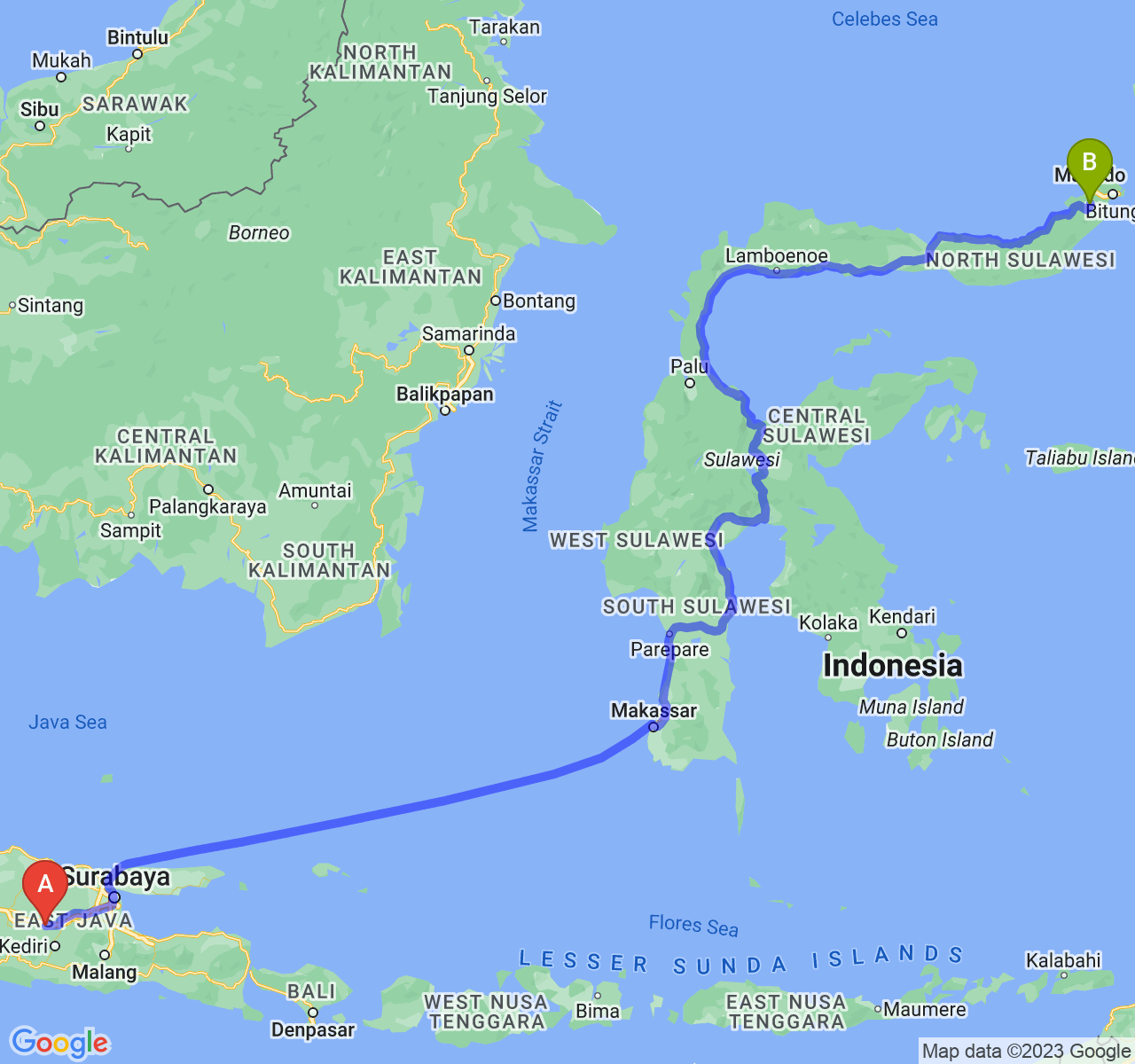 rute perjalanan Kab. Nganjuk-Kota Tomohon