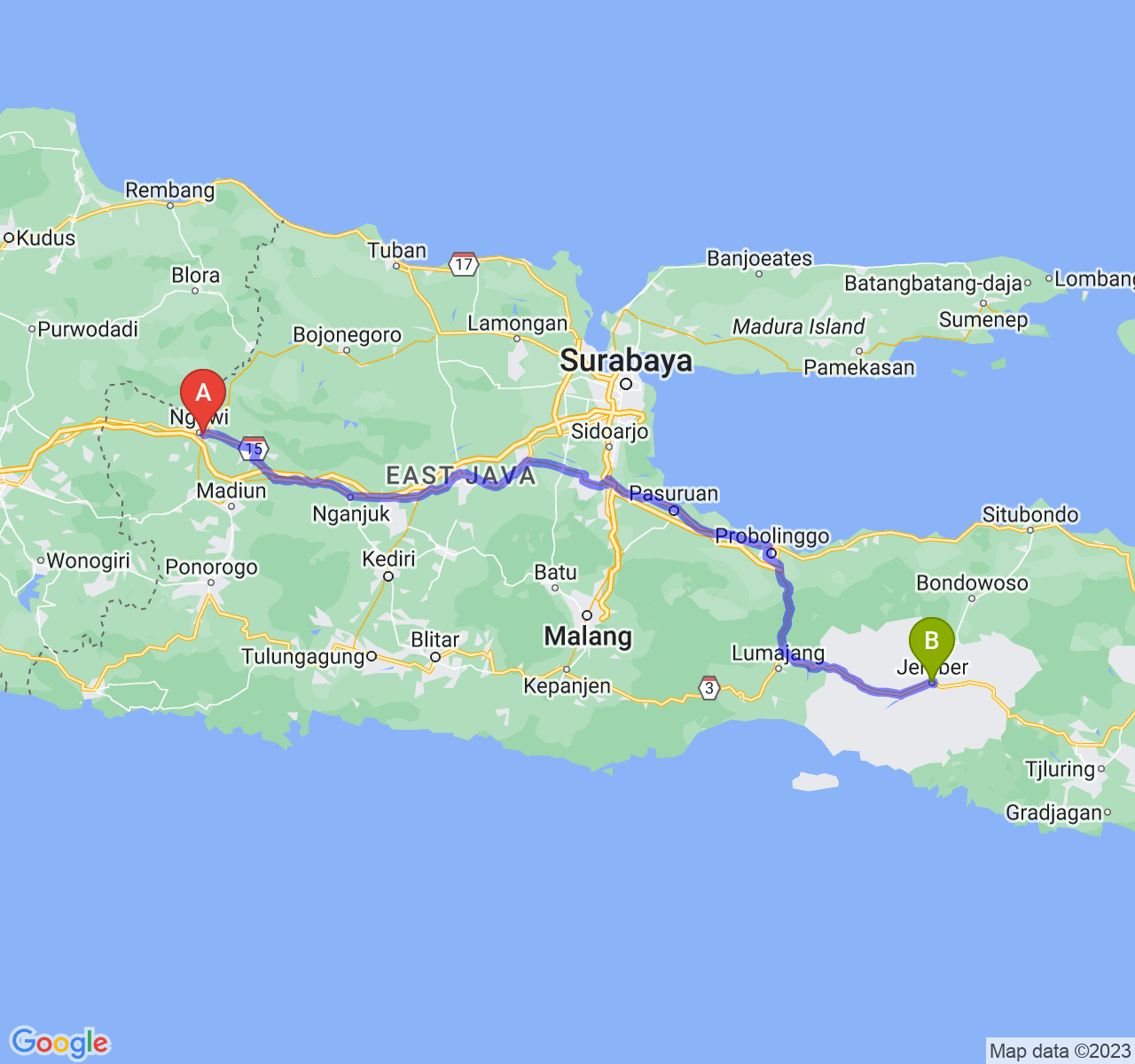 rute perjalanan Kab. Ngawi-Kab. Jember