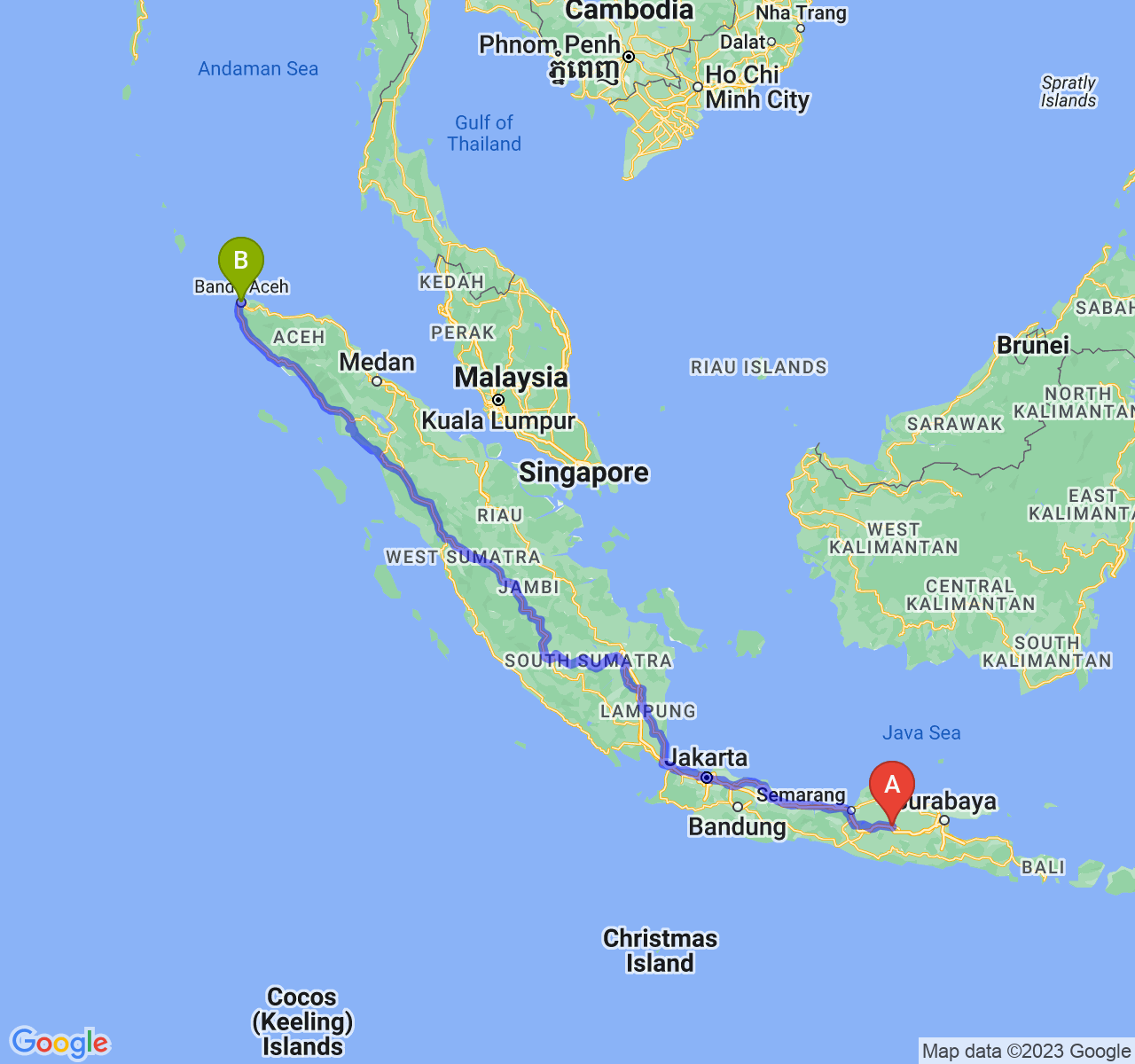 rute perjalanan Kab. Ngawi-Kota Banda Aceh