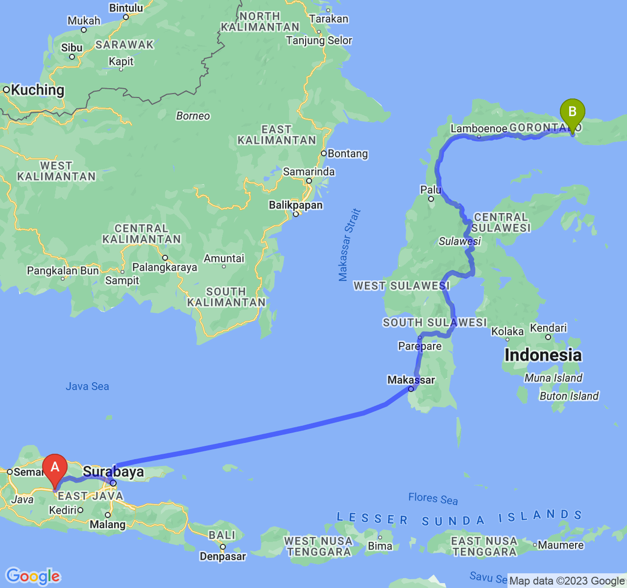 rute perjalanan Kab. Ngawi-Kota Gorontalo