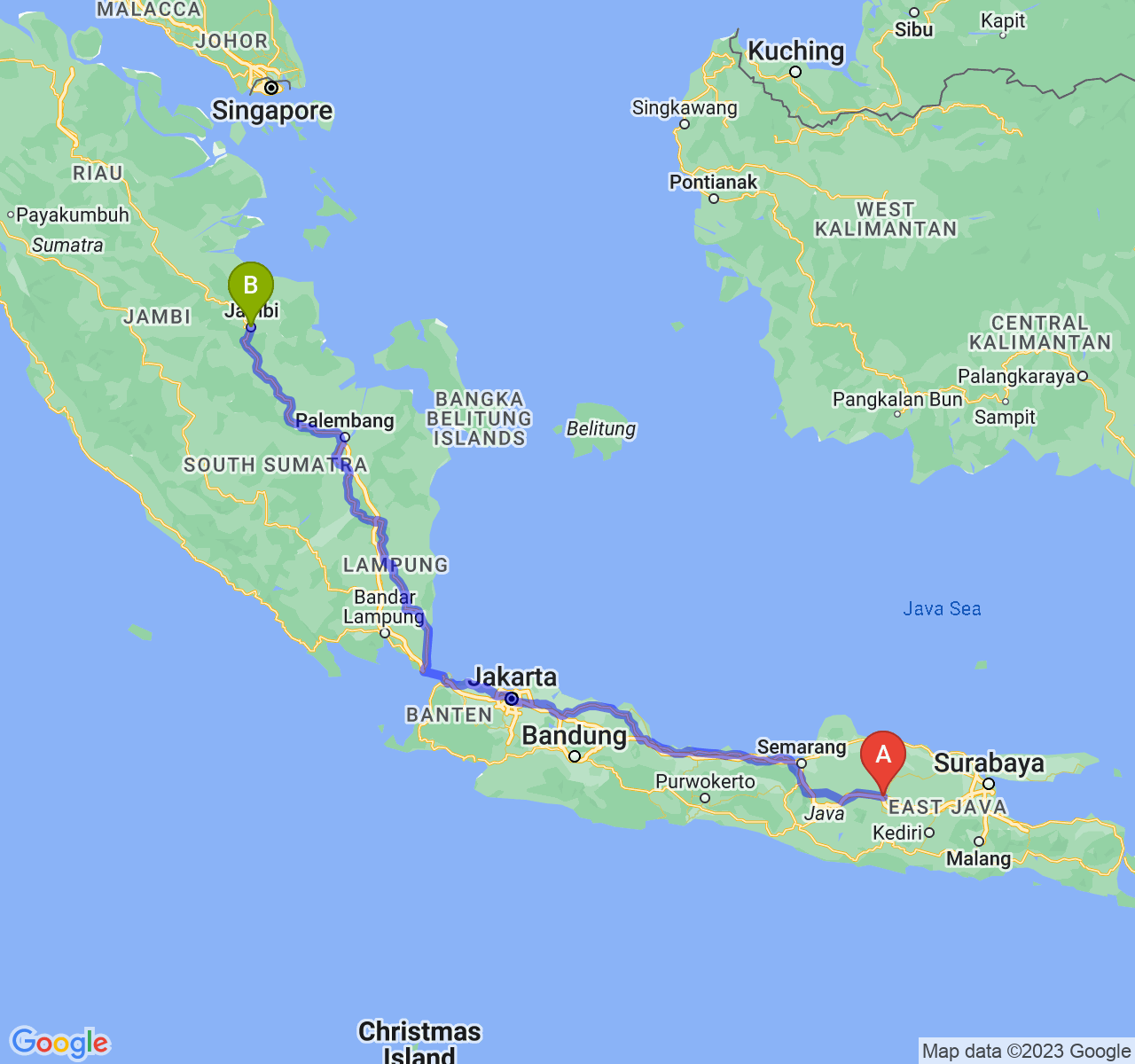 rute perjalanan Kab. Ngawi-Kota Jambi