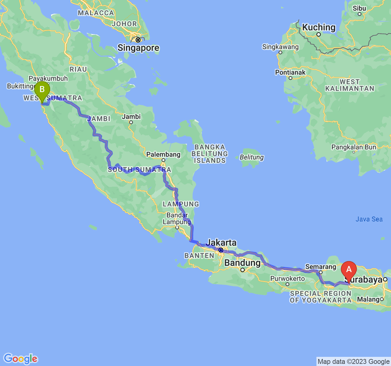 rute perjalanan Kab. Ngawi-Kota Padang