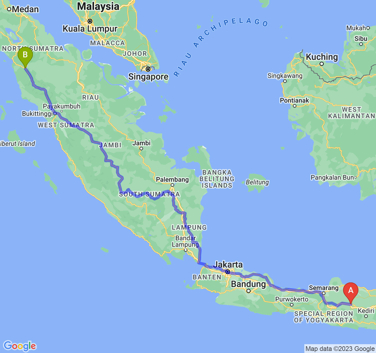 rute perjalanan Kab. Ngawi-Kota Padang Sidimpuan