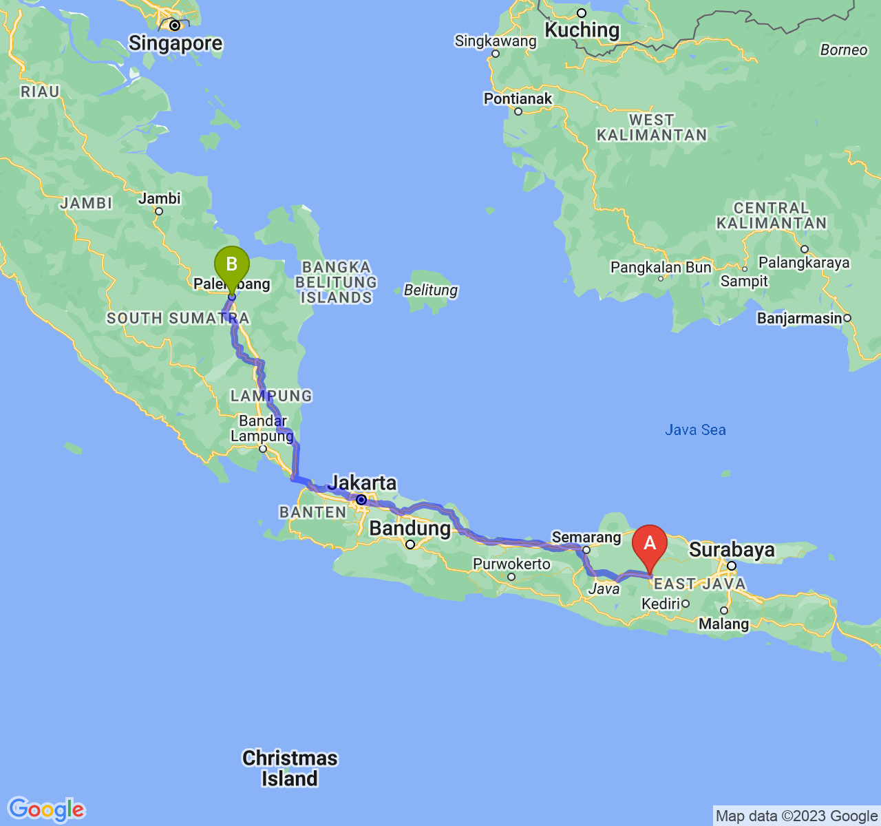 rute perjalanan Kab. Ngawi-Kota Palembang