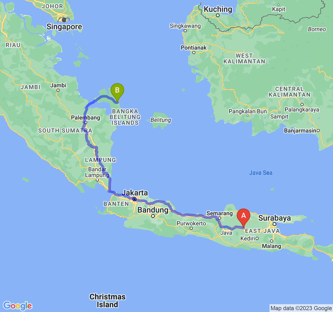 rute perjalanan Kab. Ngawi-Kota Pangkalpinang