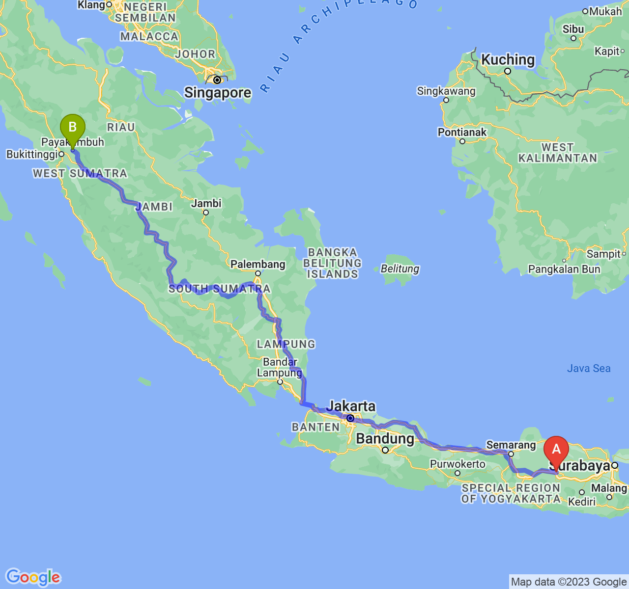 rute perjalanan Kab. Ngawi-Kota Payakumbuh