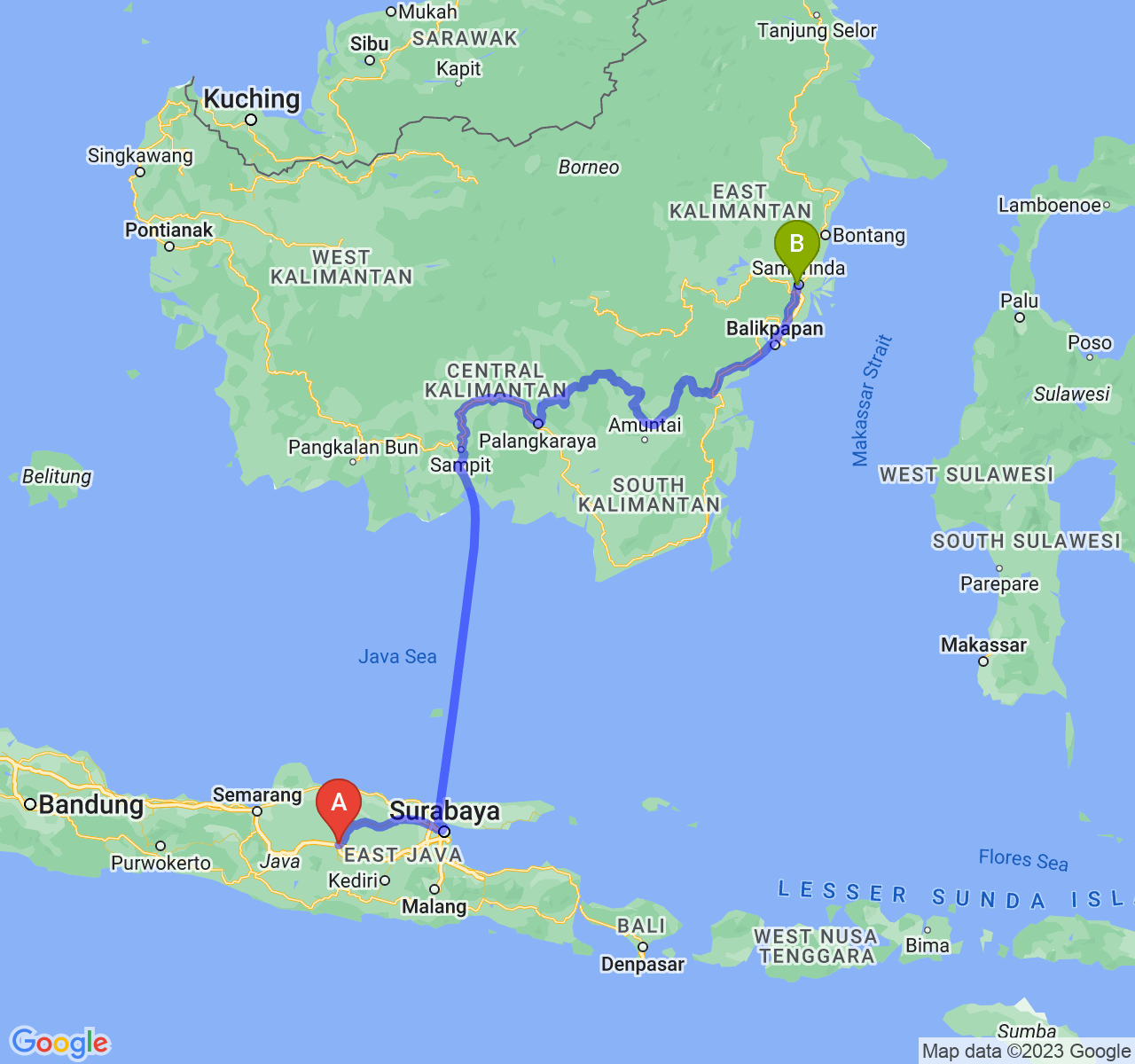 rute perjalanan Kab. Ngawi-Kota Samarinda