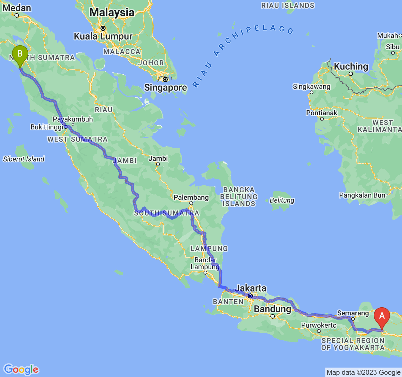 rute perjalanan Kab. Ngawi-Kota Sibolga