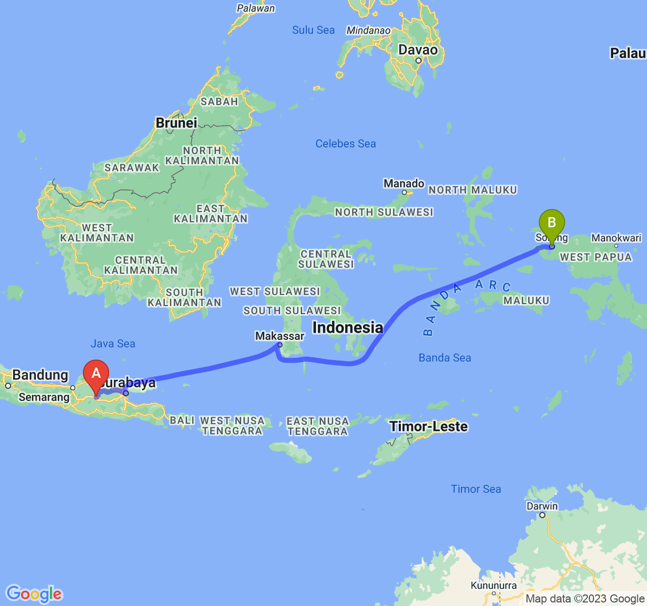 rute perjalanan Kab. Ngawi-Kota Sorong