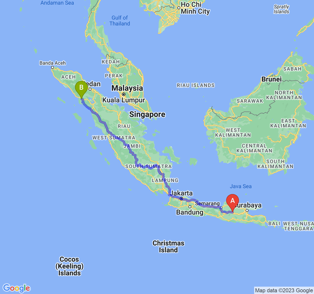 rute perjalanan Kab. Ngawi-Kota Subulussalam