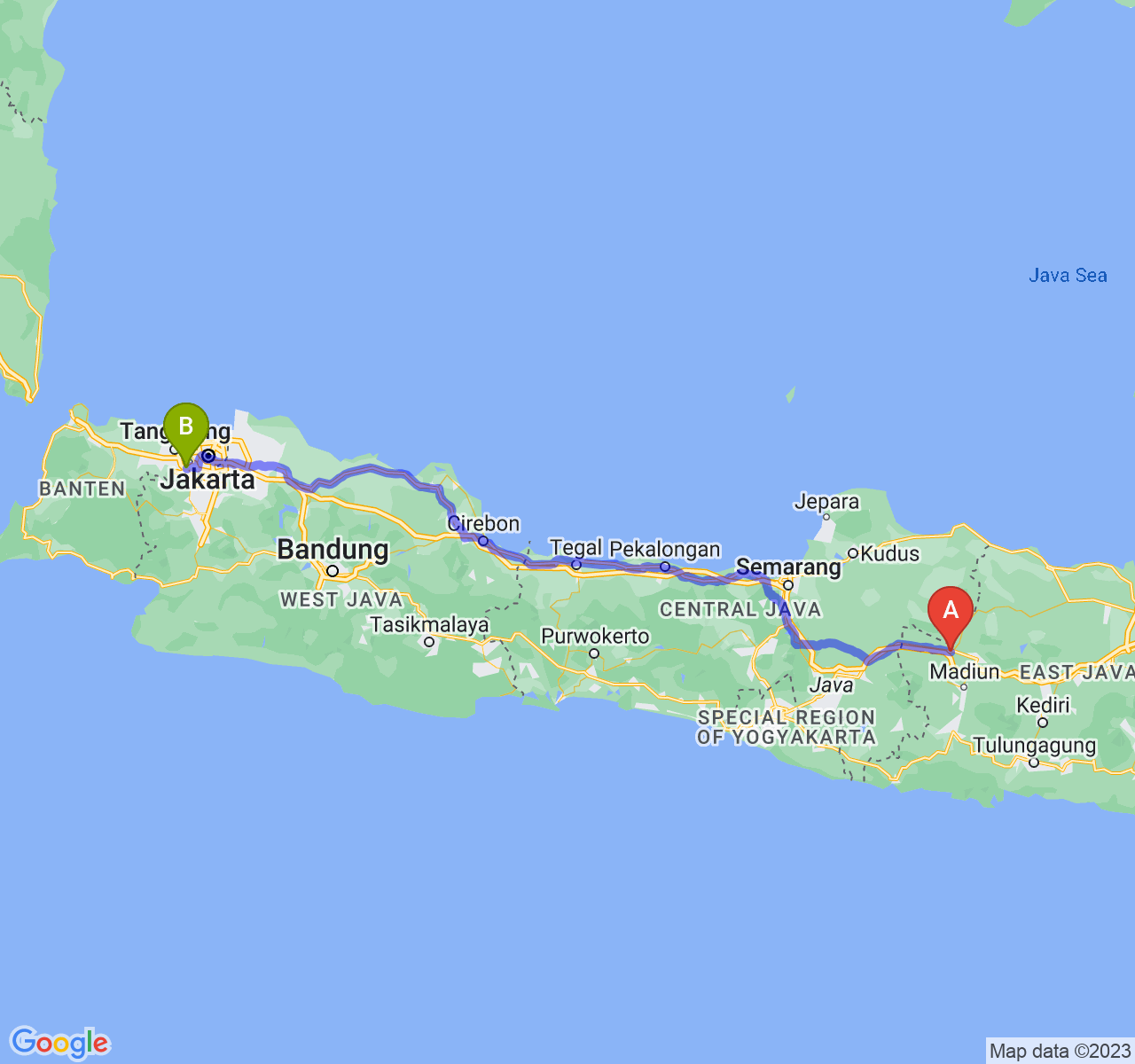 rute perjalanan Kab. Ngawi-Kota Tangerang Selatan