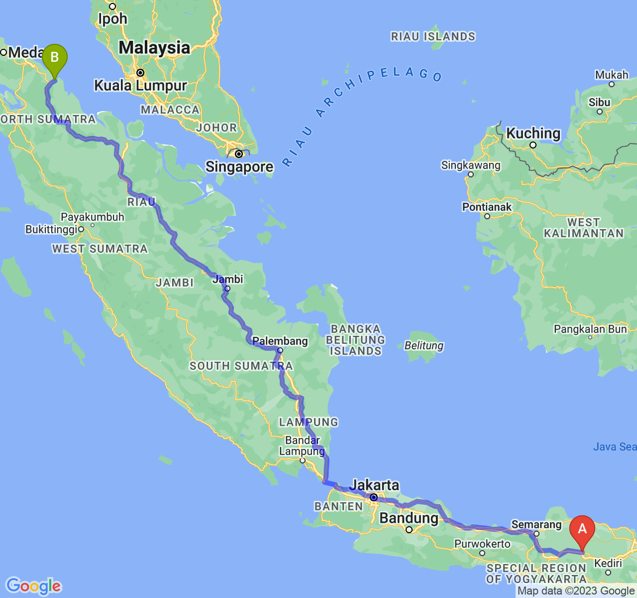 rute perjalanan Kab. Ngawi-Kota Tanjung Balai