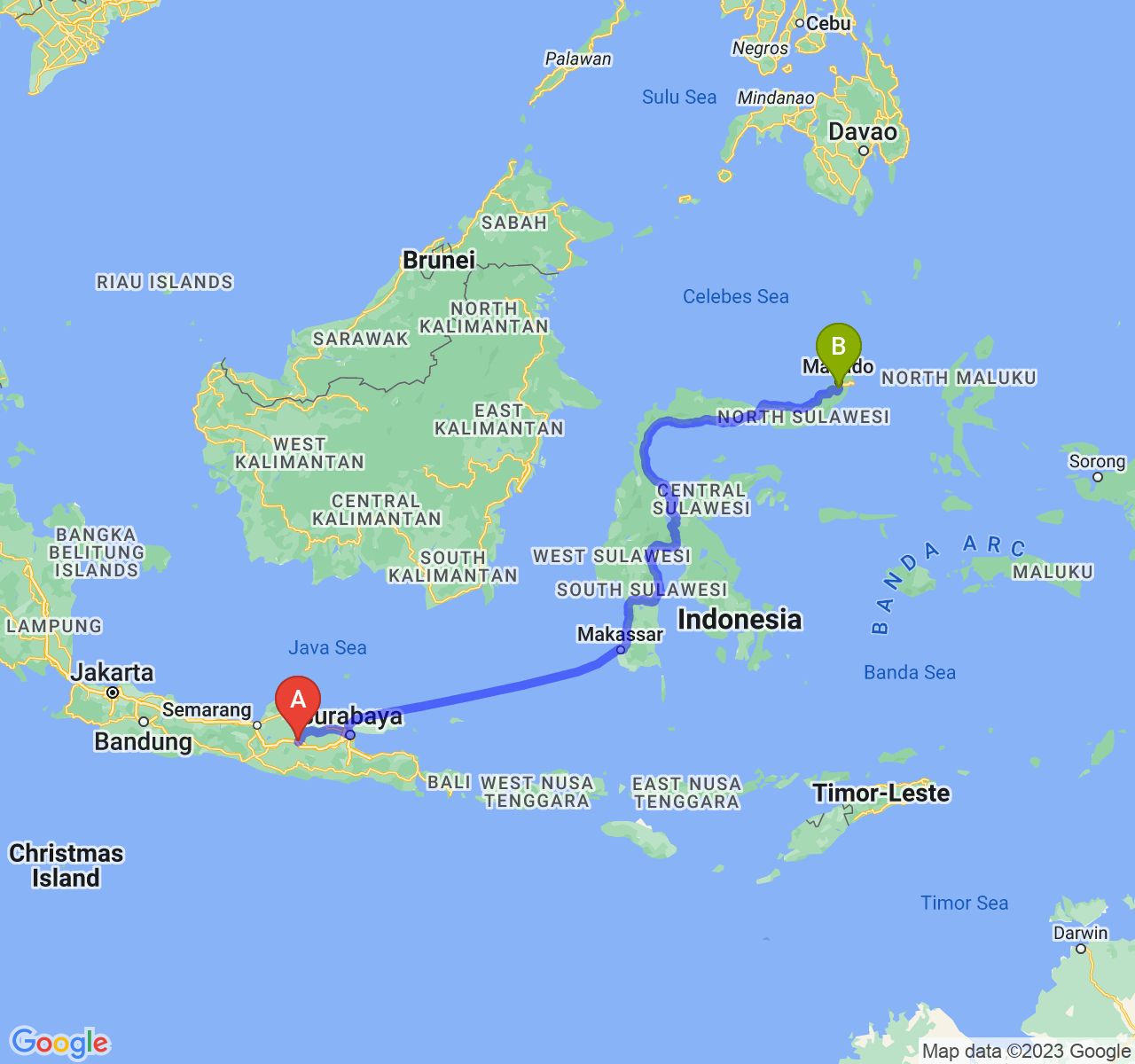 rute perjalanan Kab. Ngawi-Kota Tomohon