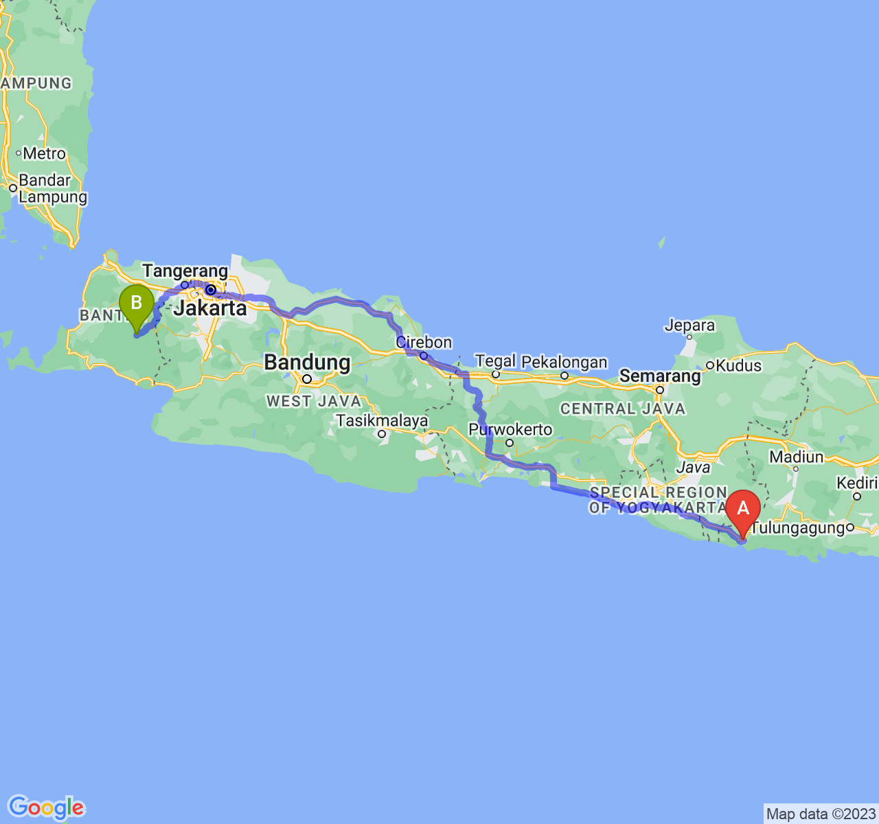 rute perjalanan Kab. Pacitan-Kab. Lebak