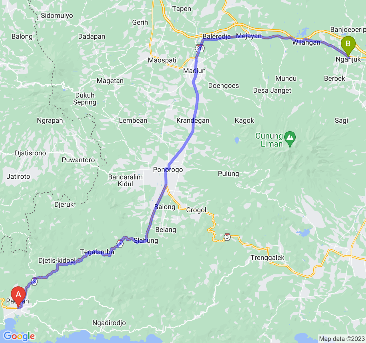 rute perjalanan Kab. Pacitan-Kab. Nganjuk