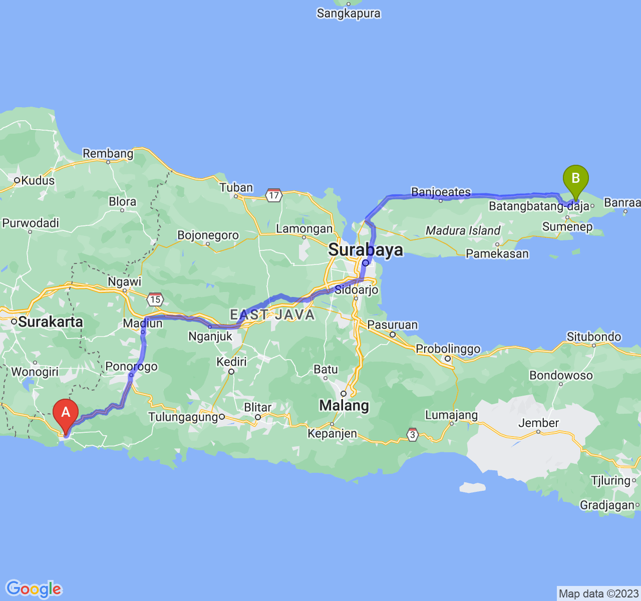 rute perjalanan Kab. Pacitan-Kab. Sumenep