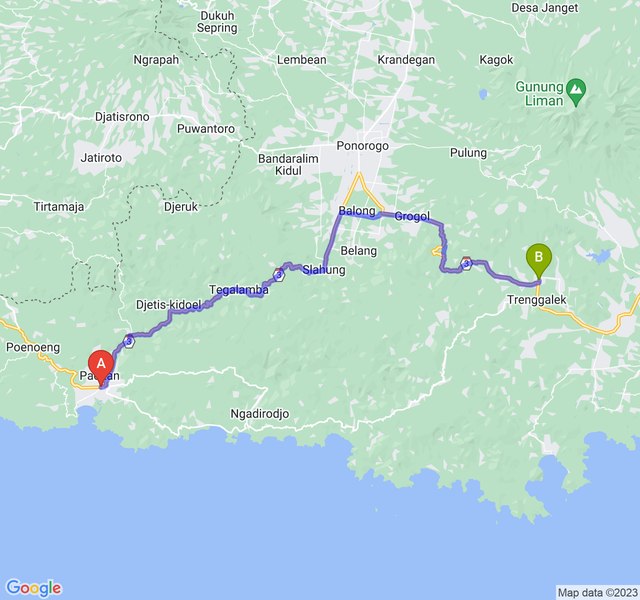 rute perjalanan Kab. Pacitan-Kab. Trenggalek