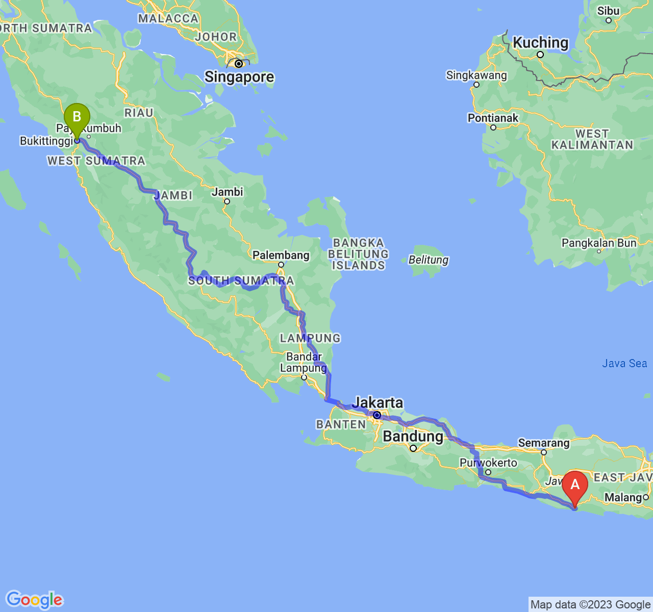 rute perjalanan Kab. Pacitan-Kota Bukittinggi