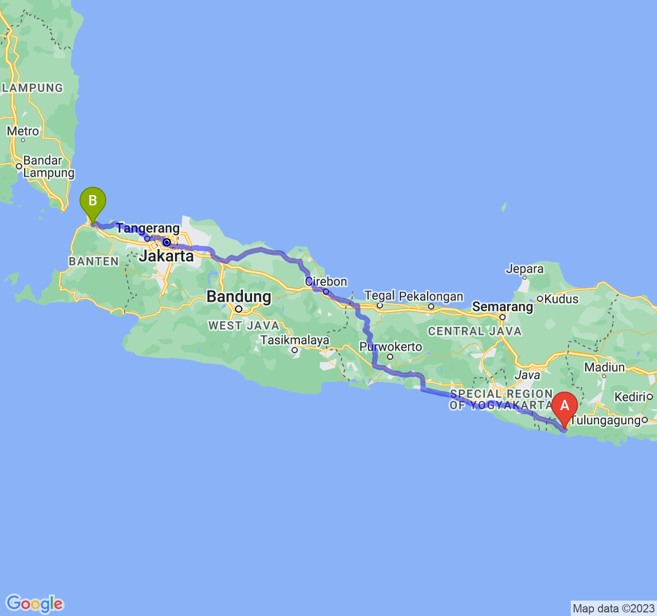 rute perjalanan Kab. Pacitan-Kota Cilegon