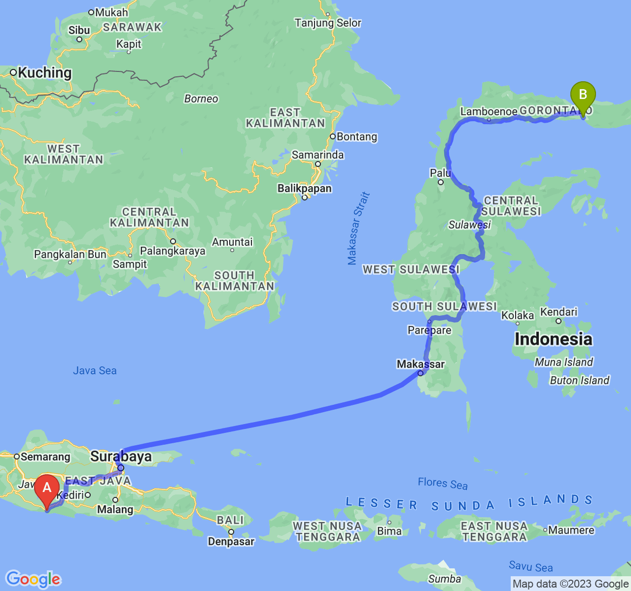 rute perjalanan Kab. Pacitan-Kota Gorontalo