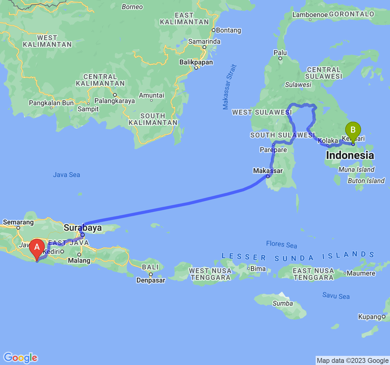 rute perjalanan Kab. Pacitan-Kota Kendari