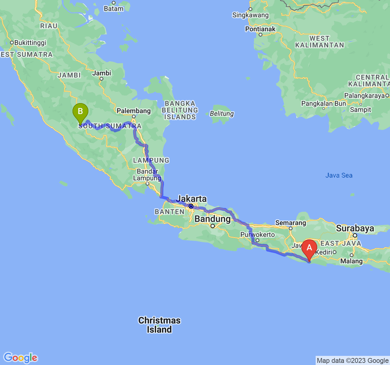 rute perjalanan Kab. Pacitan-Kota Lubuk Linggau