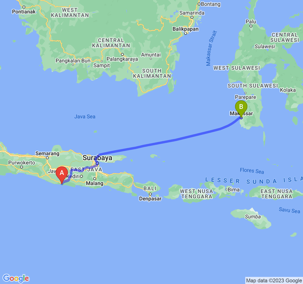 rute perjalanan Kab. Pacitan-Kota Makassar