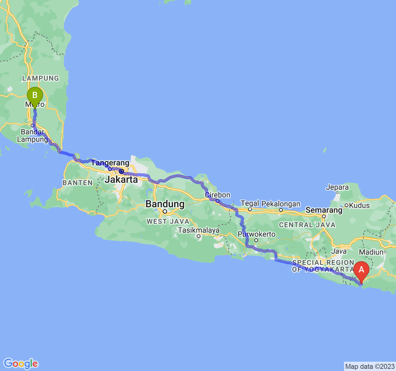 rute perjalanan Kab. Pacitan-Kota Metro