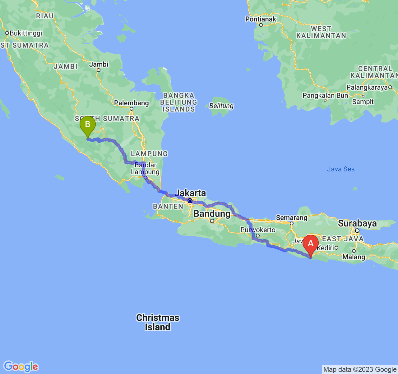 rute perjalanan Kab. Pacitan-Kota Pagar Alam