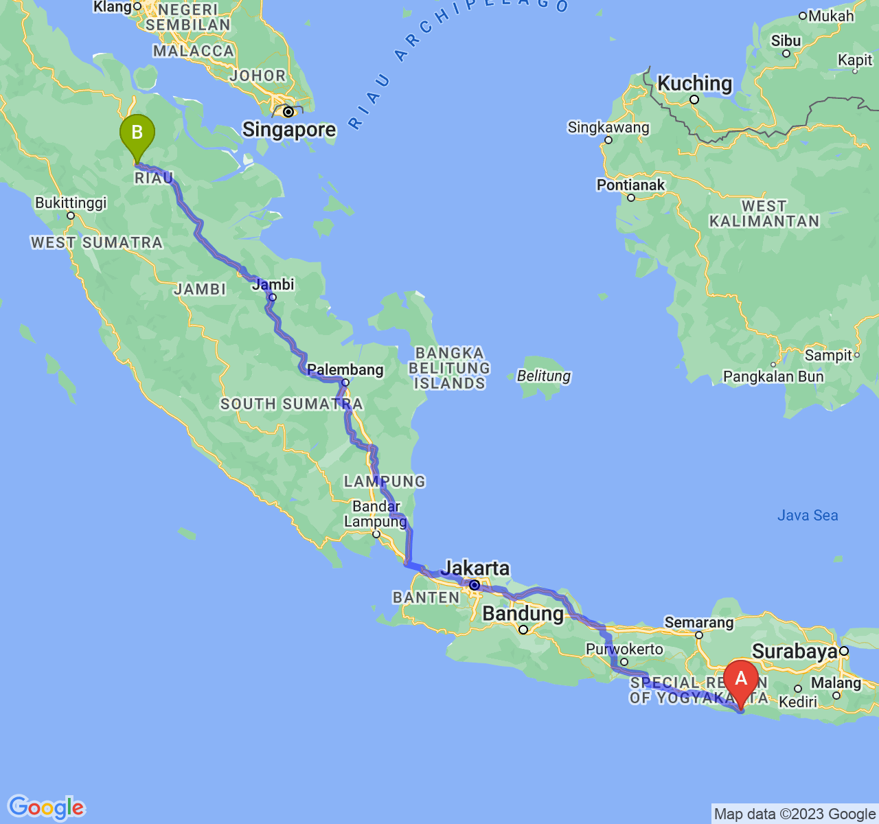 rute perjalanan Kab. Pacitan-Kota Pekanbaru