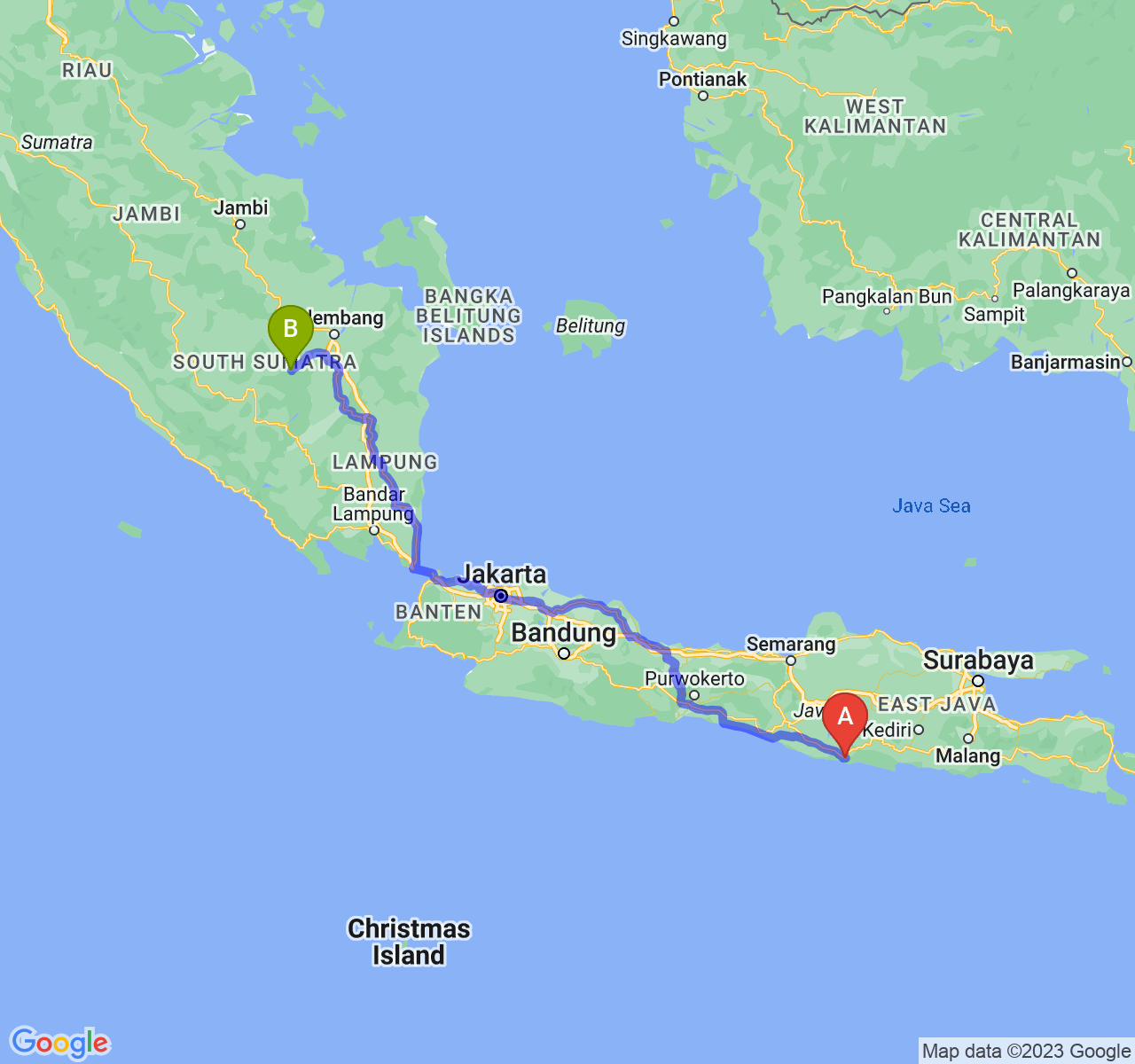 rute perjalanan Kab. Pacitan-Kota Prabumulih